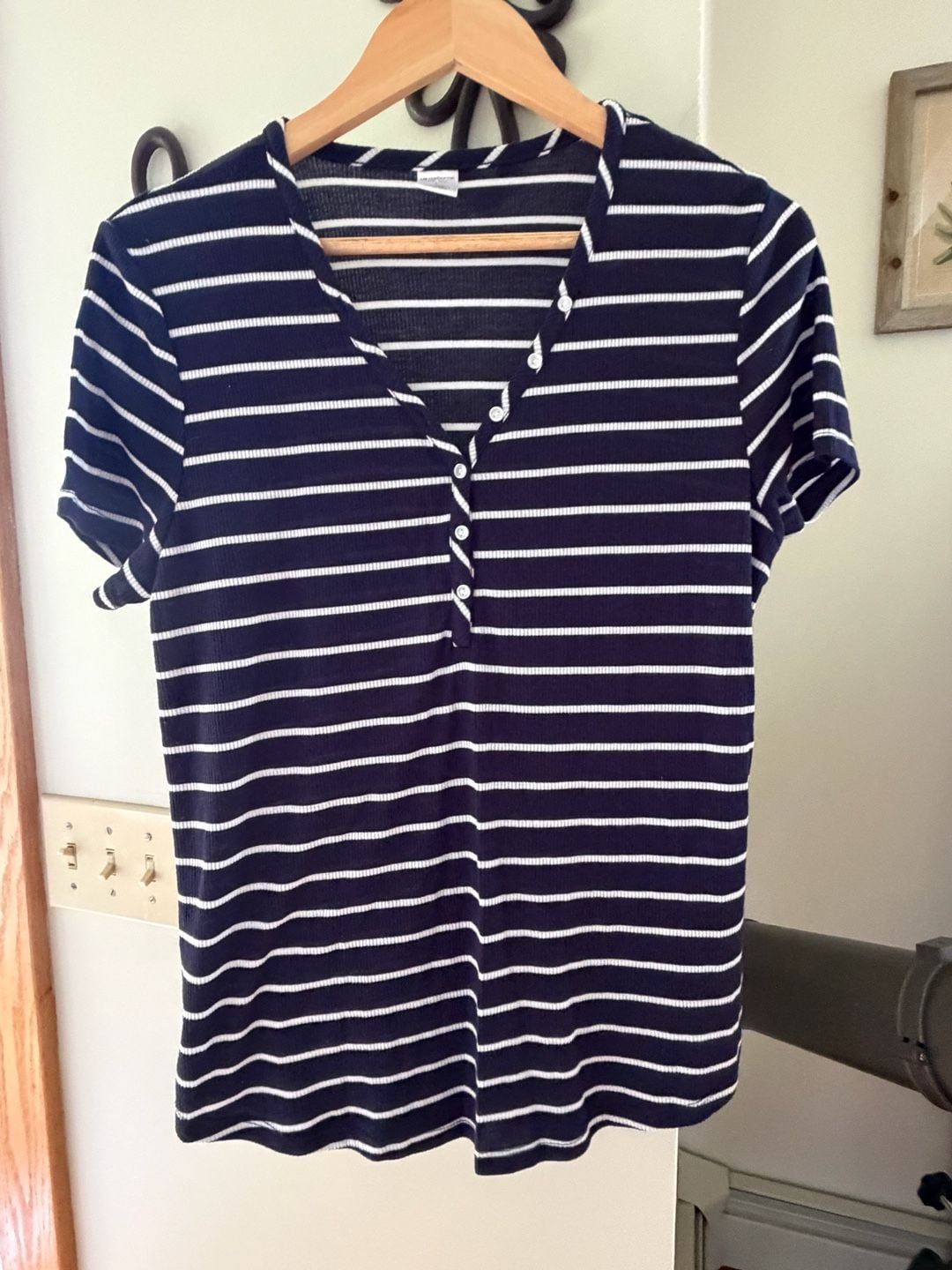 Liz Claiborne Sleepwear Navy and White Striped Short Sleeve Henley Top 2