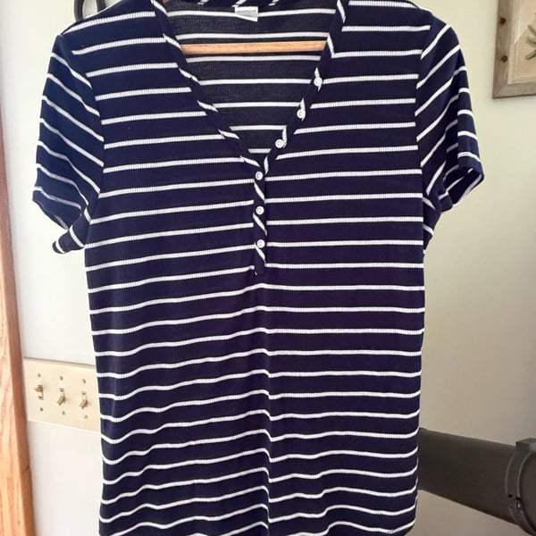 Liz Claiborne Sleepwear Navy and White Striped Short Sleeve Henley Top
