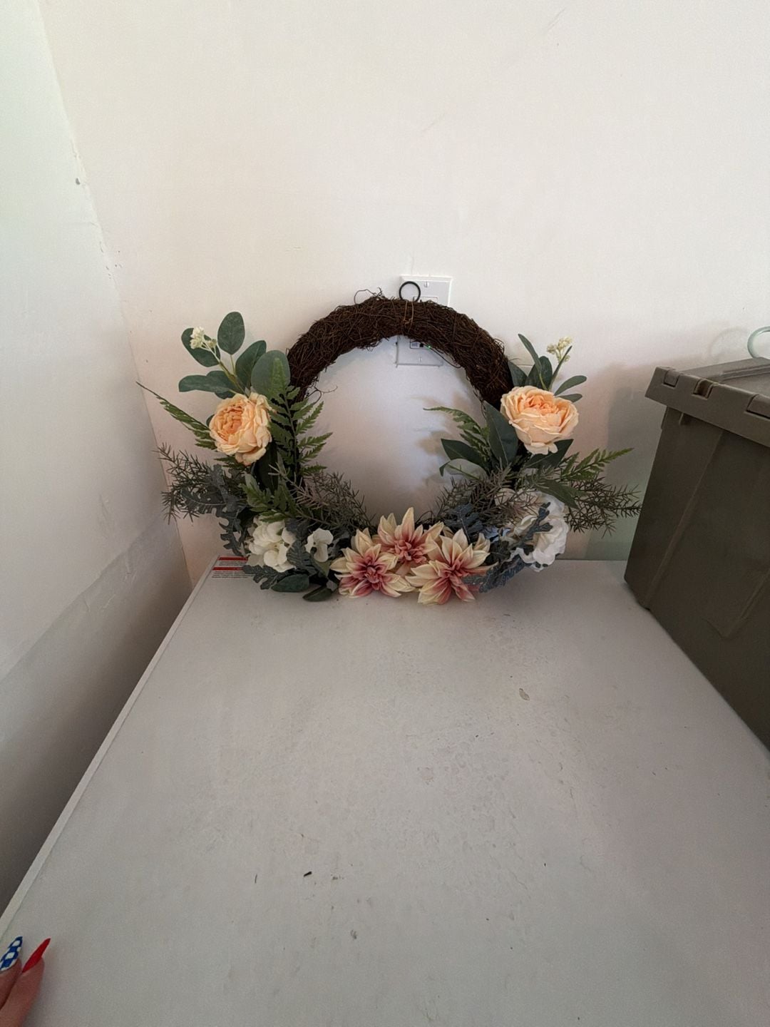 Rustic Grapevine Wreath with Artificial Dahlias, Roses, and Eucalyptus 1