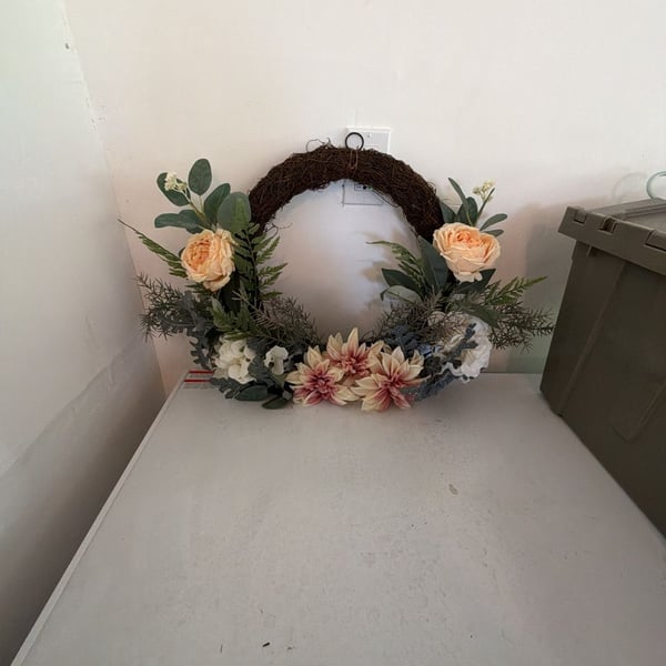 Rustic Grapevine Wreath with Artificial Dahlias, Roses, and Eucalyptus