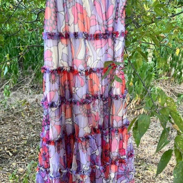Finesse Ida Purple Floral Organza Tiered Ruffle Maxi Skirt