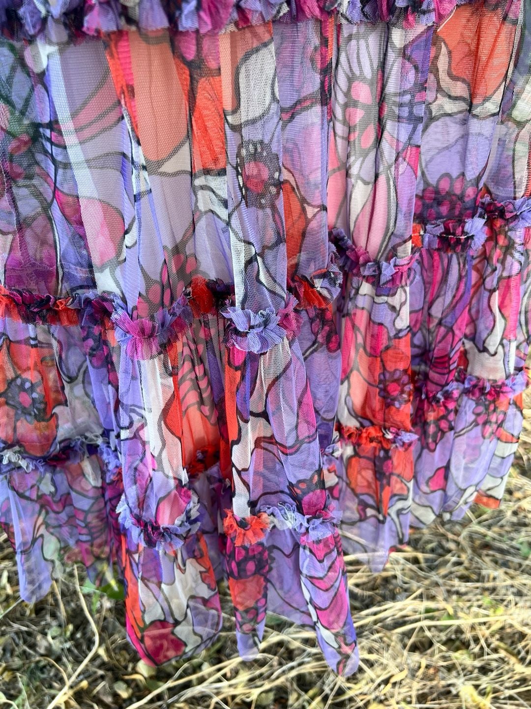 Finesse Ida Purple Floral Organza Tiered Ruffle Maxi Skirt 8
