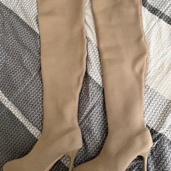 SHEIN Minimalist Point Toe Stiletto Heeled Sock Boots in Khaki/Taupe