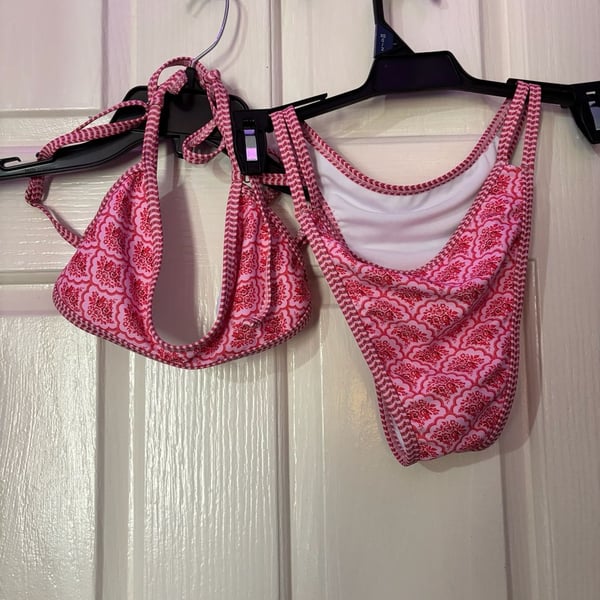 SHEIN Swim Mod Pink Boho Floral and Geometric Print Halter Bikini Set XS
