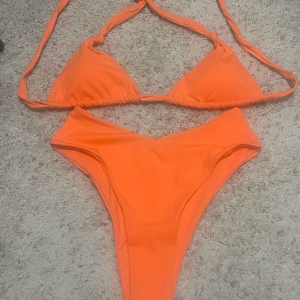Neon Orange Halter Neck Triangle Bikini Set