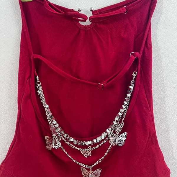 Women's Red Backless Chain Detail Butterfly Embellished Cami Top S M L