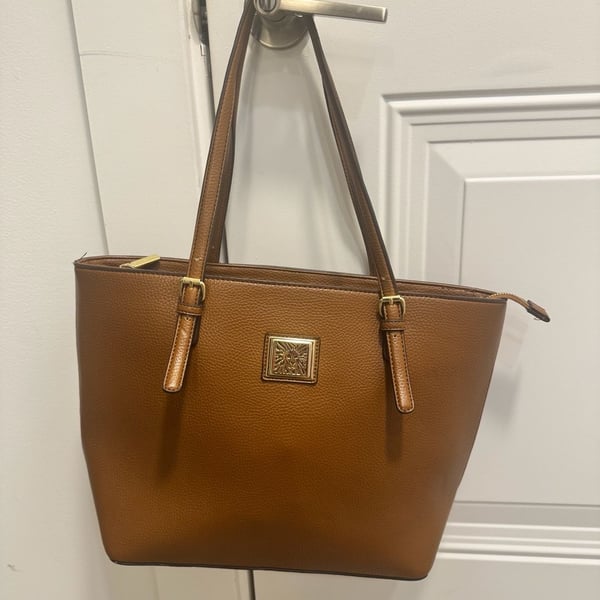 Anne Klein Brown Pebbled Faux Leather Zip Tote Shoulder Bag Gold Logo Large