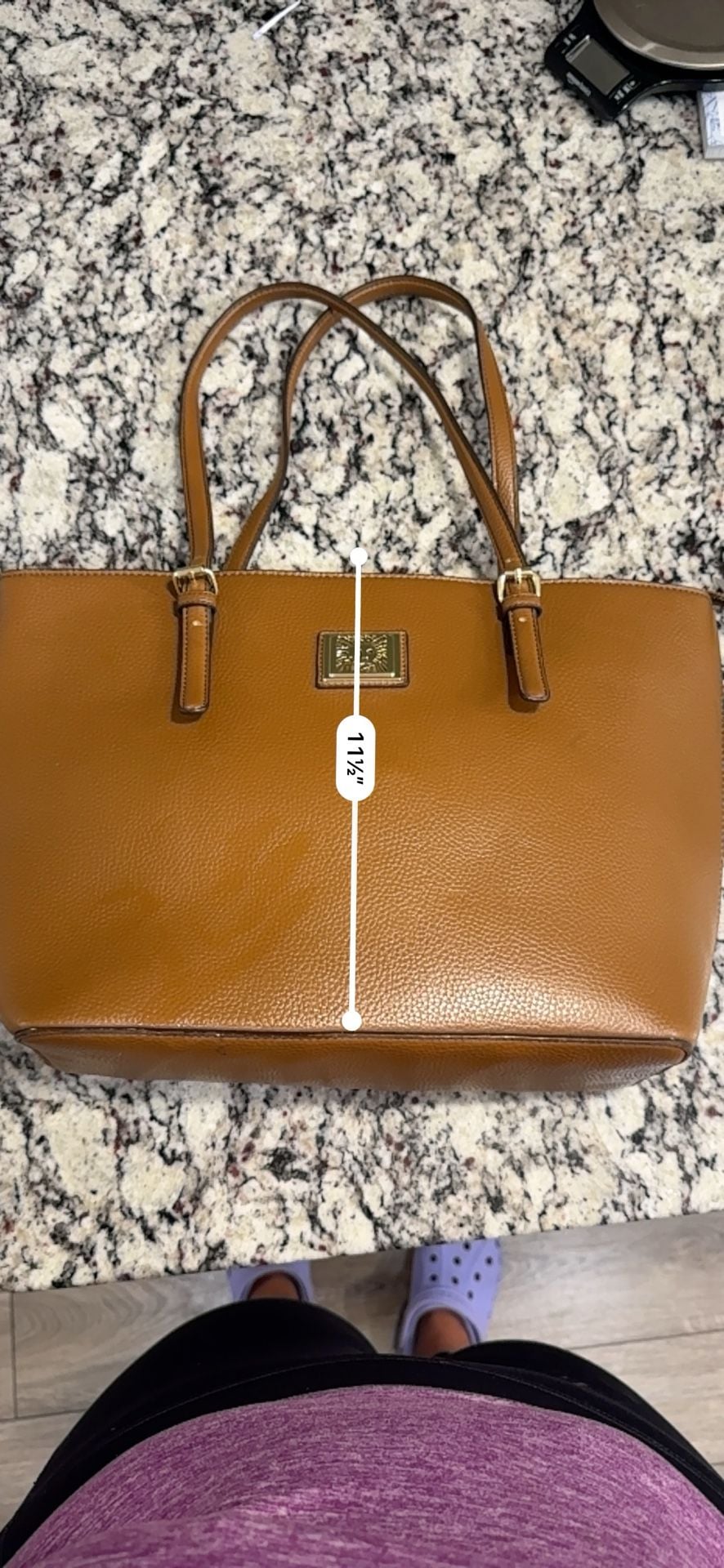 Anne Klein Brown Pebbled Faux Leather Zip Tote Shoulder Bag Gold Logo Large 10