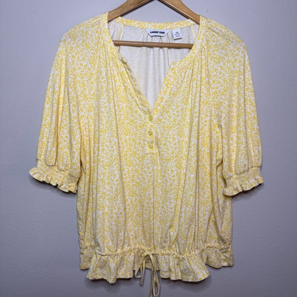Lands' End Elbow Sleeve Jersey Gathered Hem Blouse in Yellow Floral