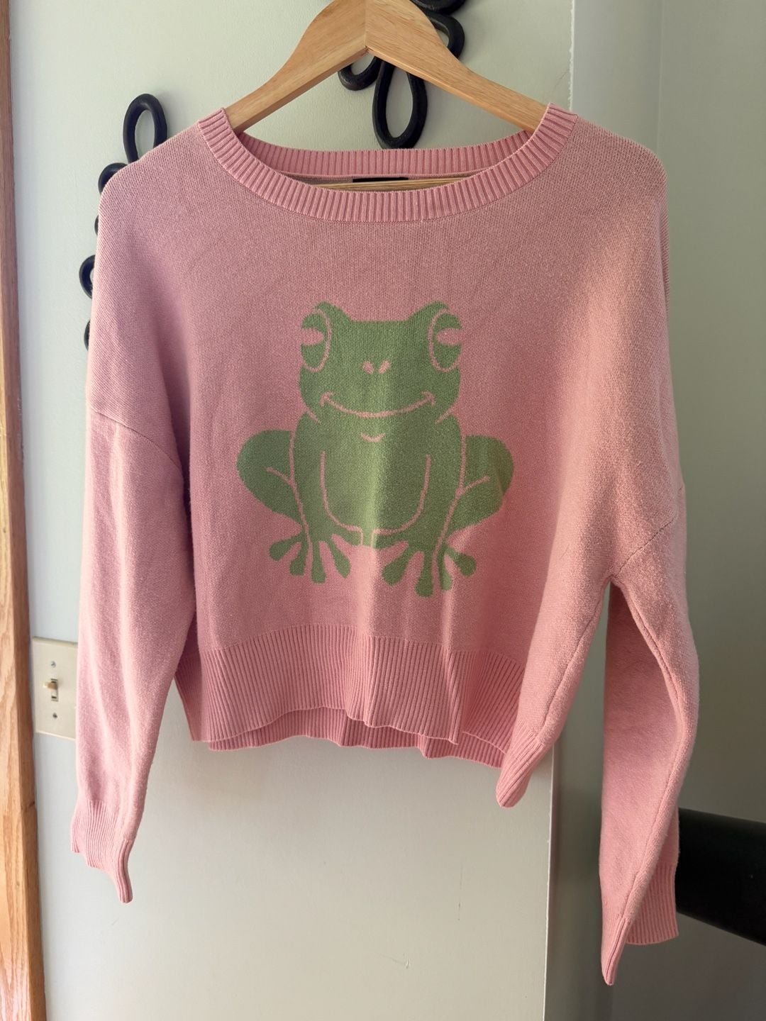 Originality Women's Pink Frog Graphic Crew Neck Knit Sweater 2