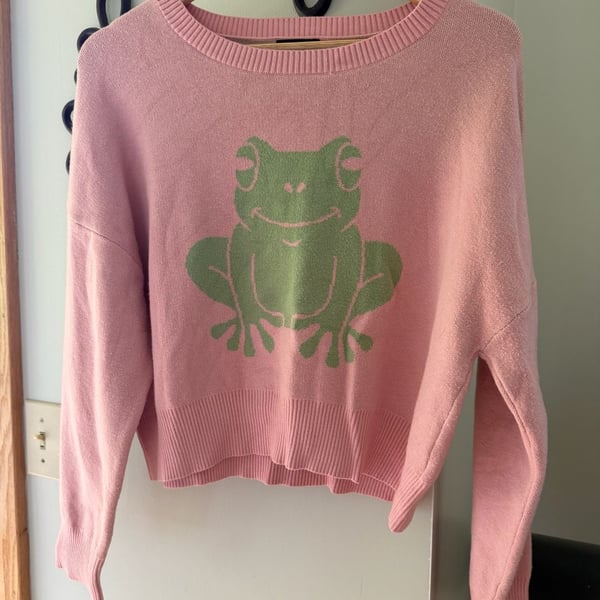 Originality Women's Pink Frog Graphic Crew Neck Knit Sweater