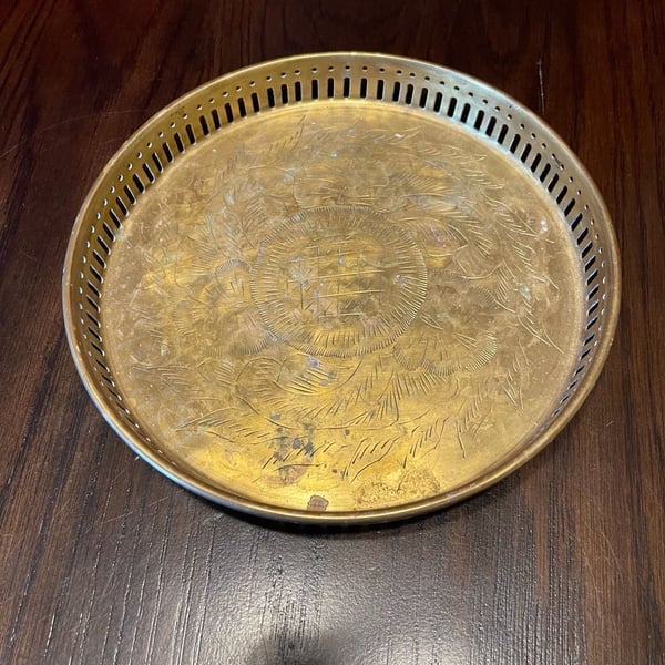 Vintage Etched Brass Serving Tray with Pierced Cut-Out Gallery Border