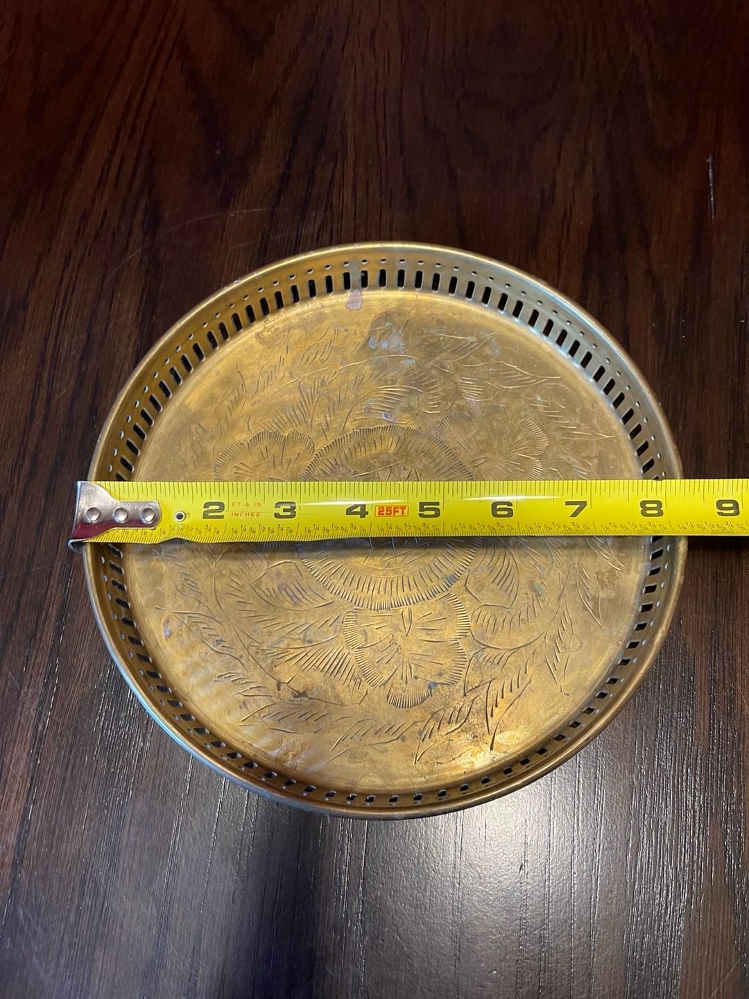 Vintage Etched Brass Serving Tray with Pierced Cut-Out Gallery Border 7