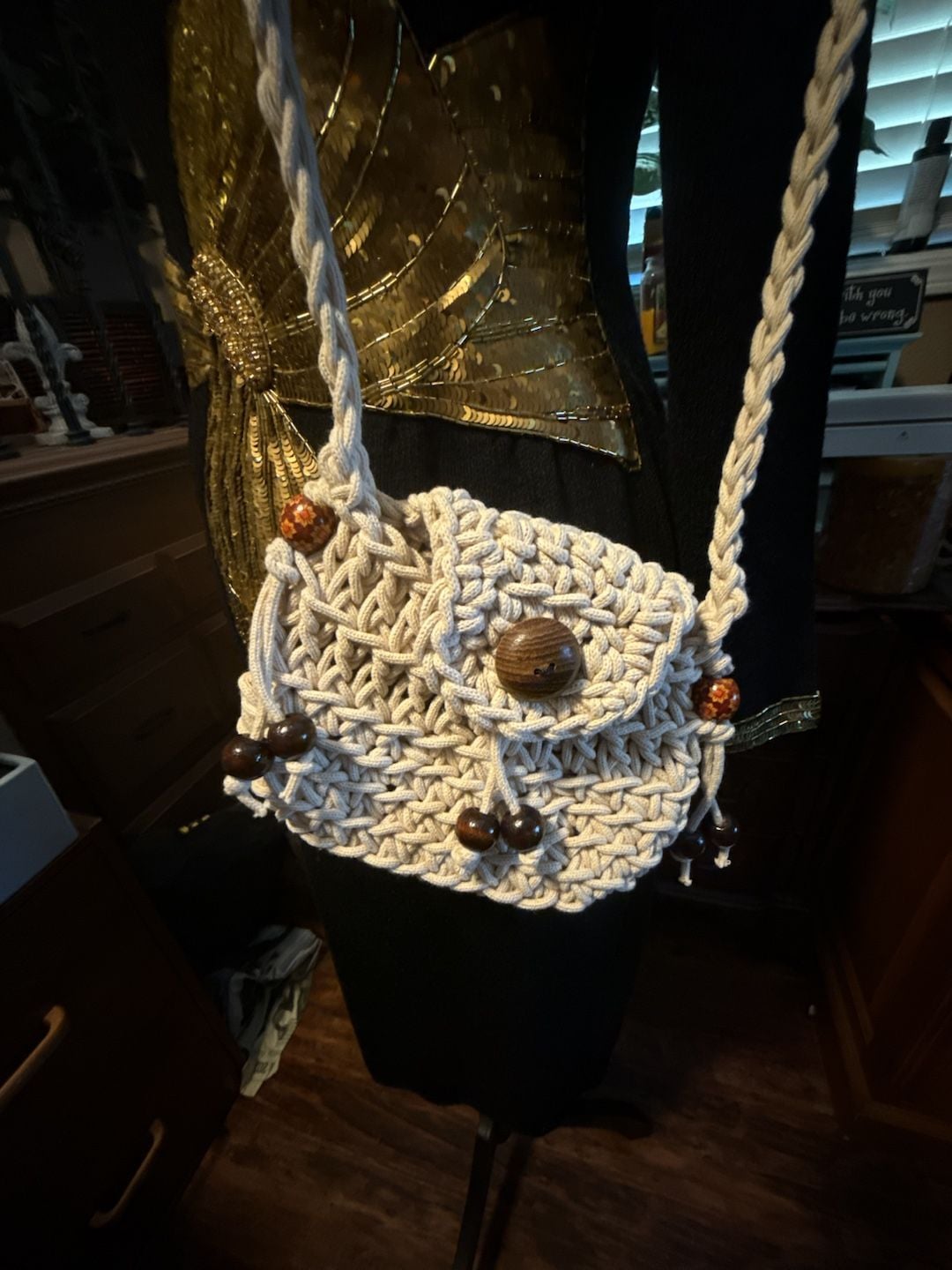 Handmade Bohemian Macrame Crossbody Bag with Wooden Beads 1
