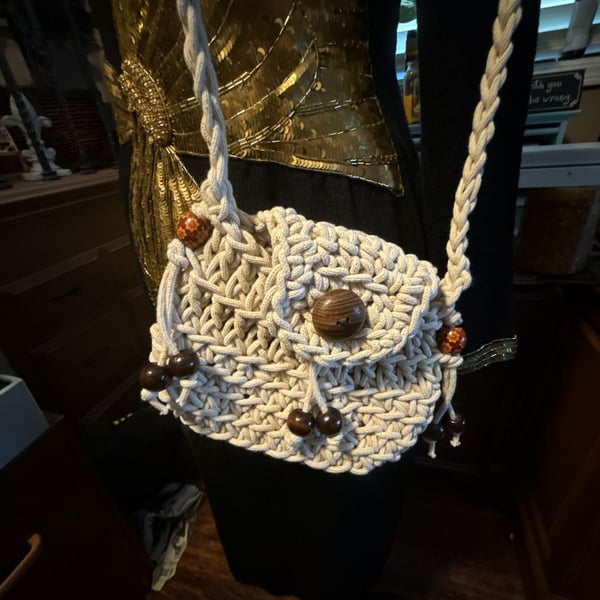Handmade Bohemian Macrame Crossbody Bag with Wooden Beads