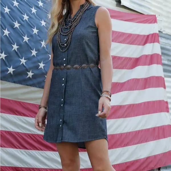 Cruel Denim Women's Sleeveless Chambray Button-Front Western Dress