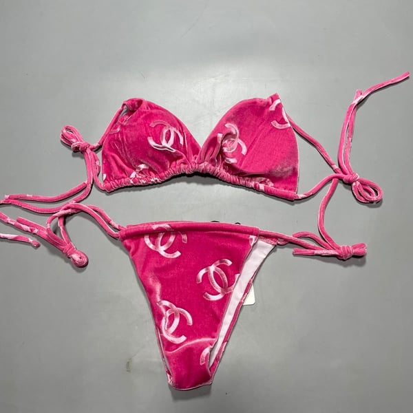 Chanel Vintage Pink Velour CC Monogram Bikini Set