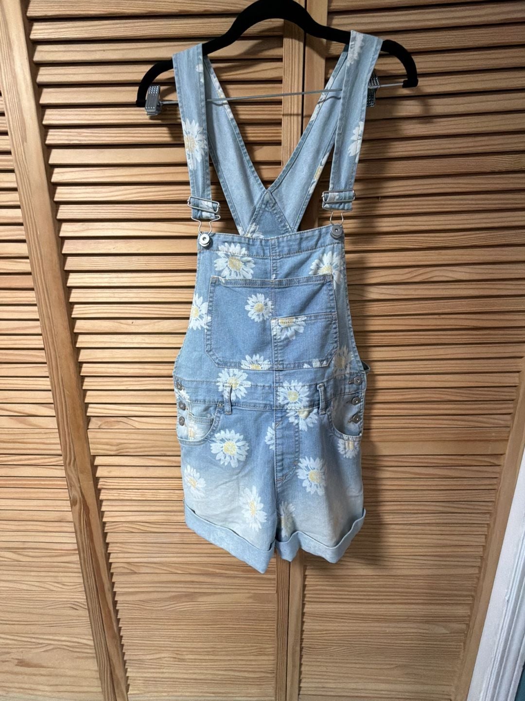 No Boundaries Junior's Daisy Print Denim Shortalls 1