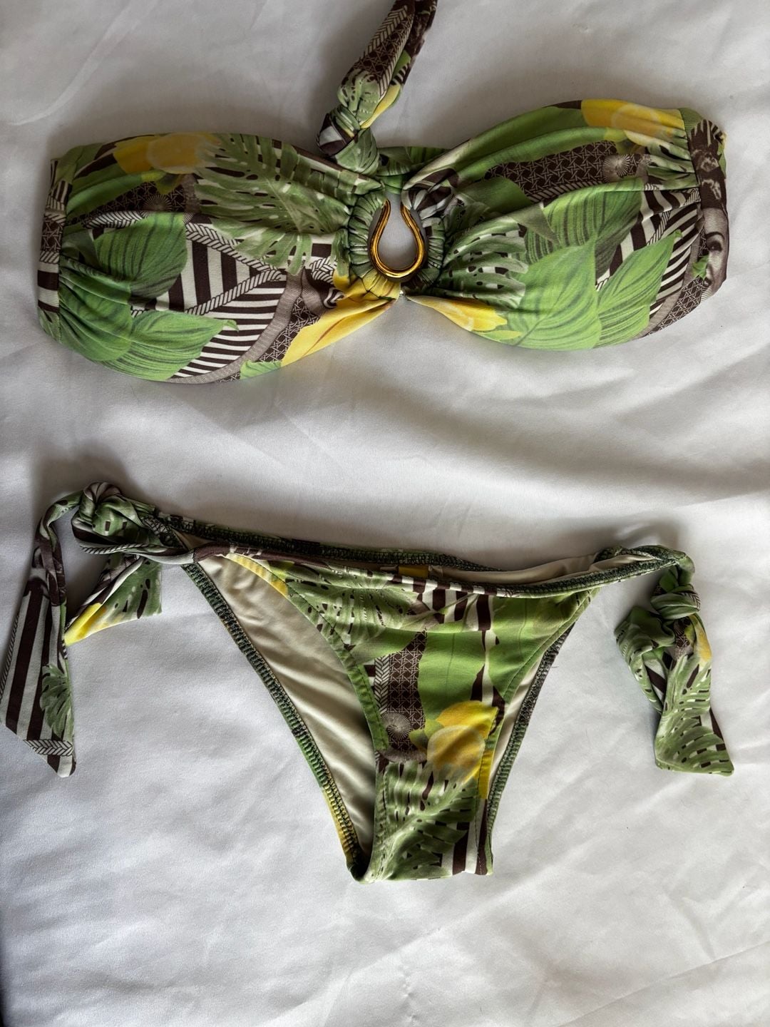 Areia Brasil Tropical Leaf Print Bandeau Bikini Set with Ring Hardware 1