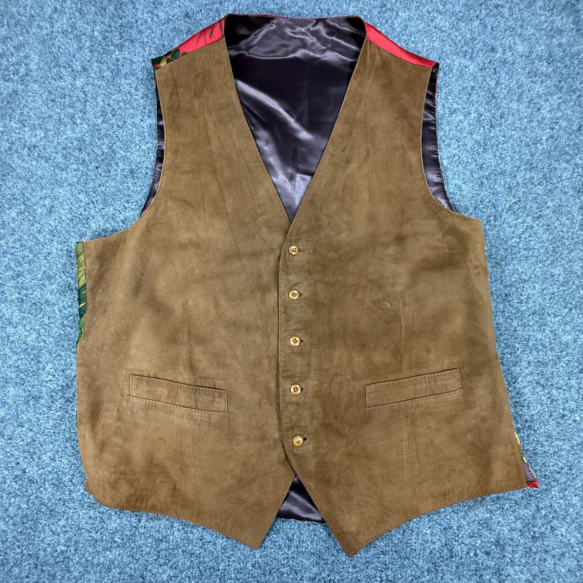 Vintage Bullock & Jones Suede Leather Waistcoat Vest with Pheasant Print Silk Back 3
