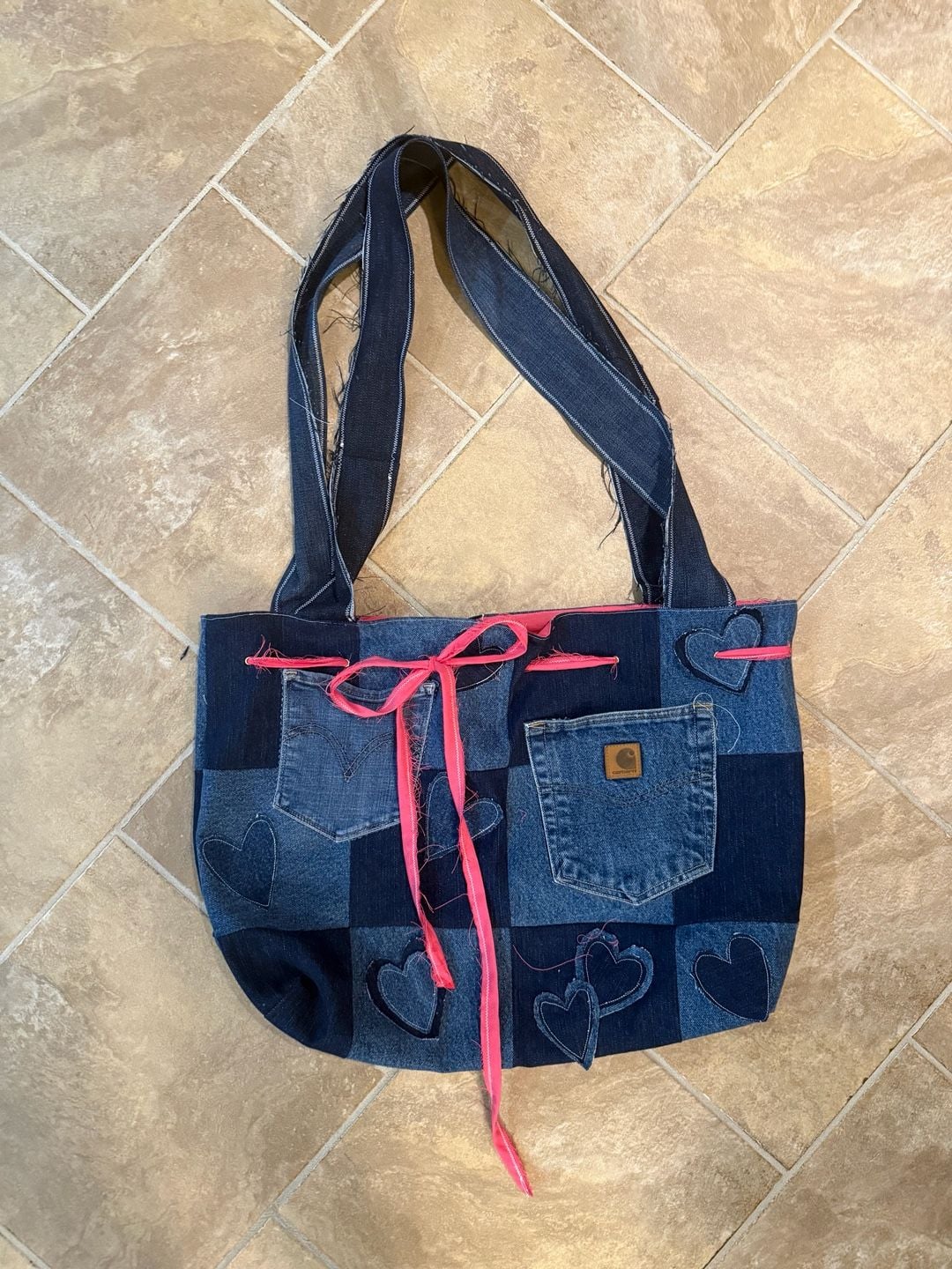 Upcycled Handmade Patchwork Denim Tote Bag with Carhartt Pocket Detail 2
