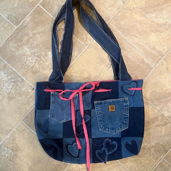 Upcycled Handmade Patchwork Denim Tote Bag with Carhartt Pocket Detail