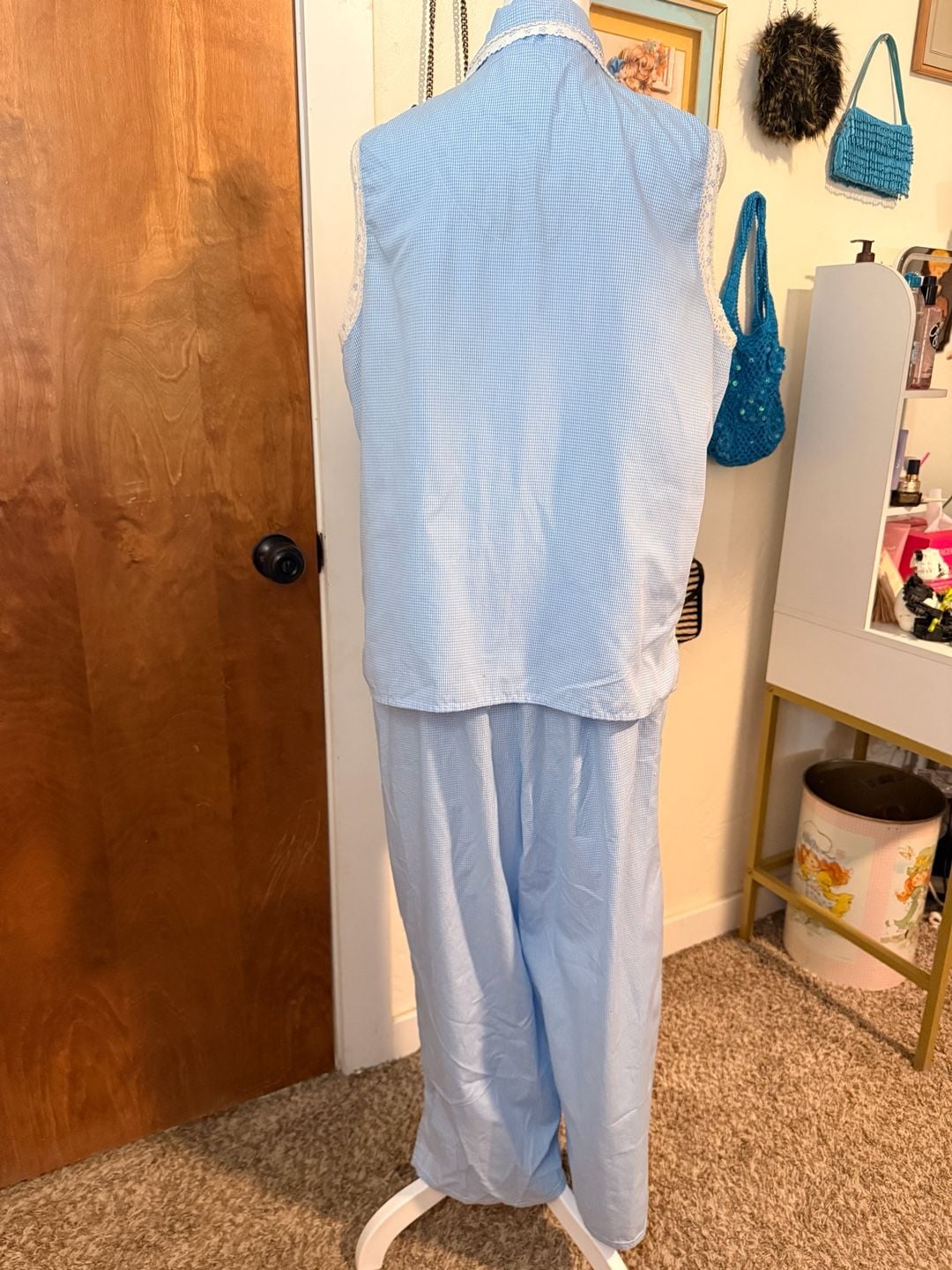 Vintage Secret Treasures Blue Gingham Lace Pajama Set Cottagecore Coquette L 7