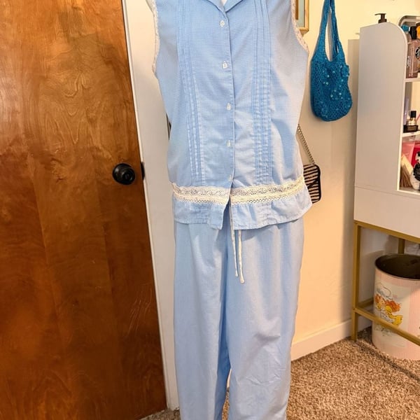 Vintage Secret Treasures Blue Gingham Lace Pajama Set Cottagecore Coquette L