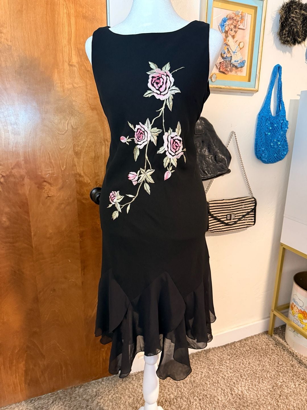Vintage Y2K Black Embroidered Rose Midi Dress Sheer Handkerchief Hem 2