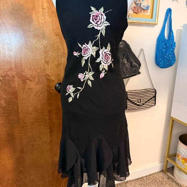 Vintage Y2K Black Embroidered Rose Midi Dress Sheer Handkerchief Hem