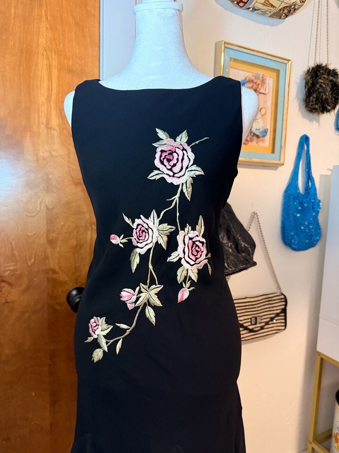 Vintage Y2K Black Embroidered Rose Midi Dress Sheer Handkerchief Hem 3