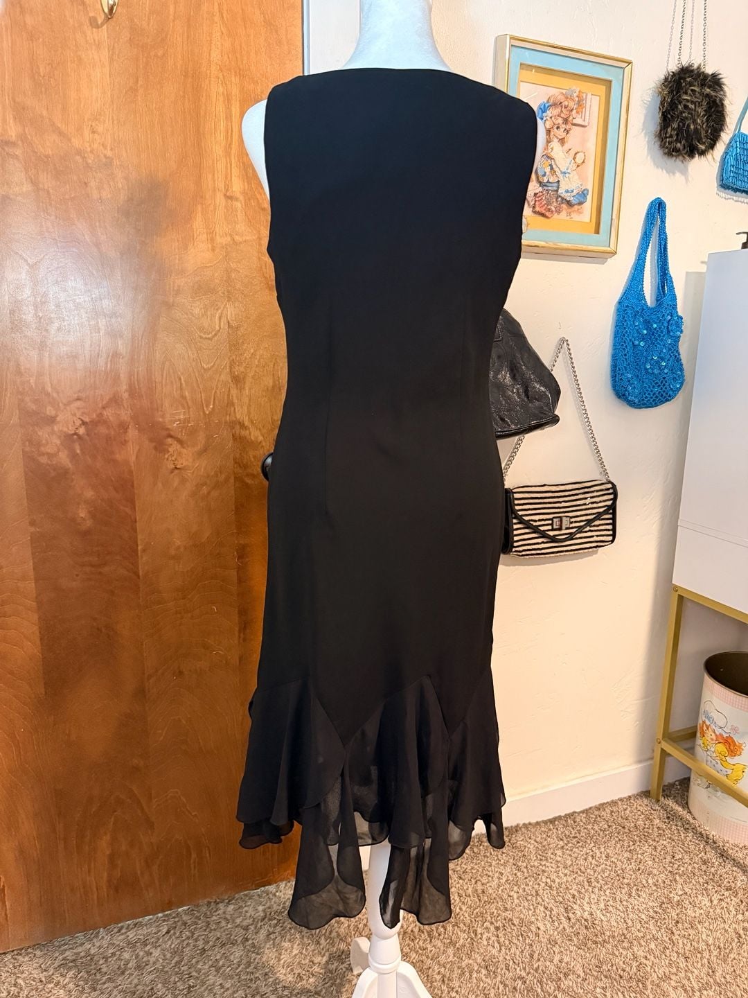 Vintage Y2K Black Embroidered Rose Midi Dress Sheer Handkerchief Hem 4