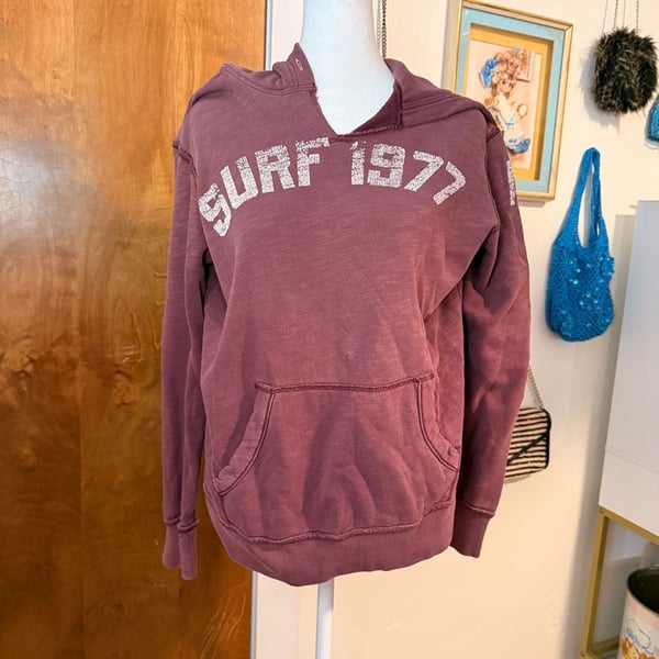 American Eagle Surf 1977 Vintage Hoodie Plum Distressed Graphic Sweatshirt Y2K