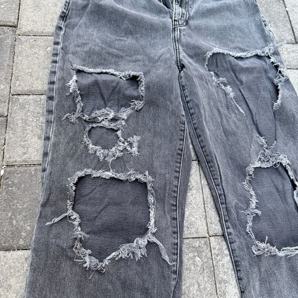 Forever 21 Ripped Distressed Washed Black Wide Leg Jeans