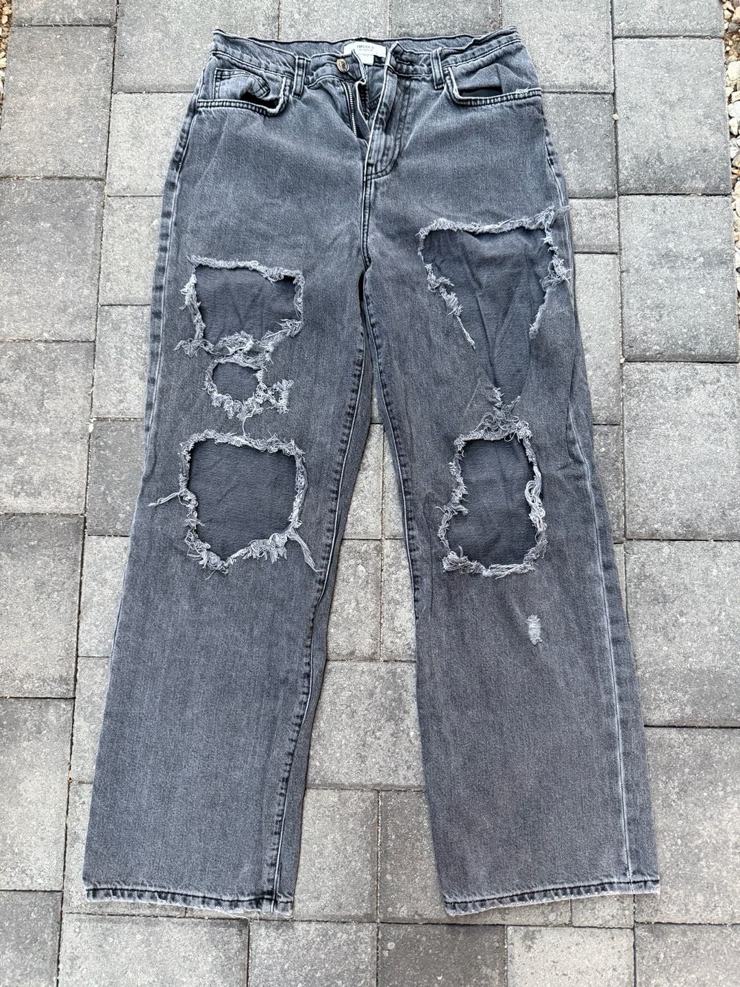 Forever 21 Ripped Distressed Washed Black Wide Leg Jeans 3