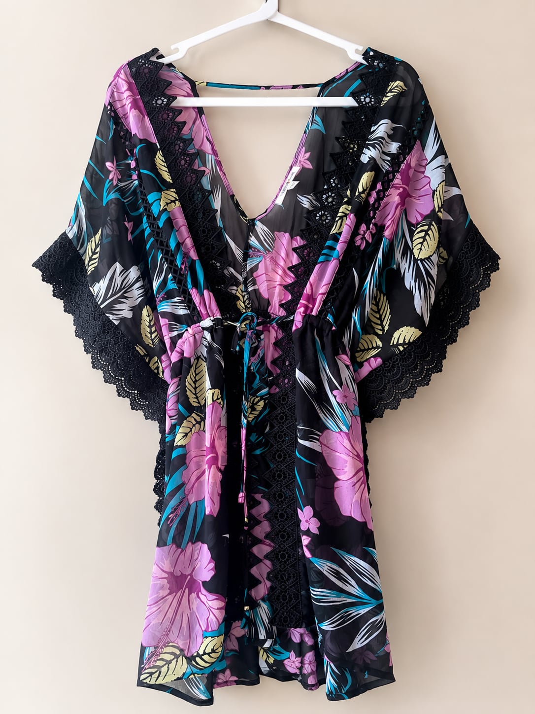 Miken Black Tropical Floral Lace Kimono Cardigan Cover Up Medium Sheer Boho
2