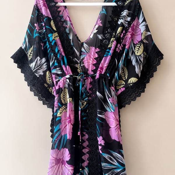 Miken Black Tropical Floral Lace Kimono Cardigan Cover Up Medium Sheer Boho
