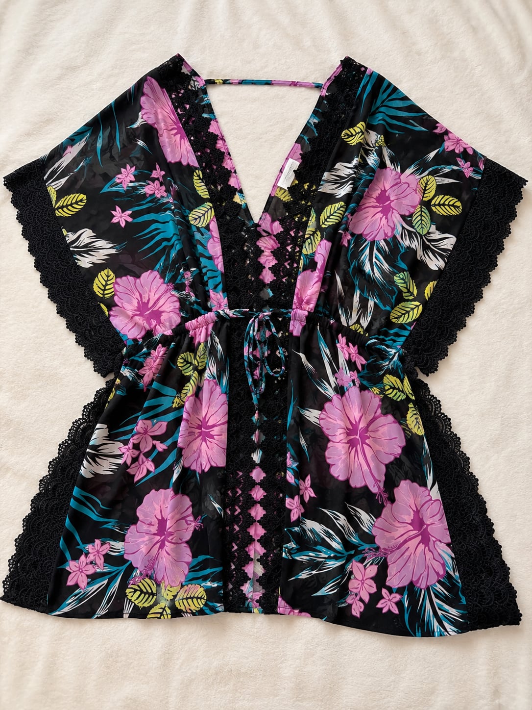 Miken Black Tropical Floral Lace Kimono Cardigan Cover Up Medium Sheer Boho
3