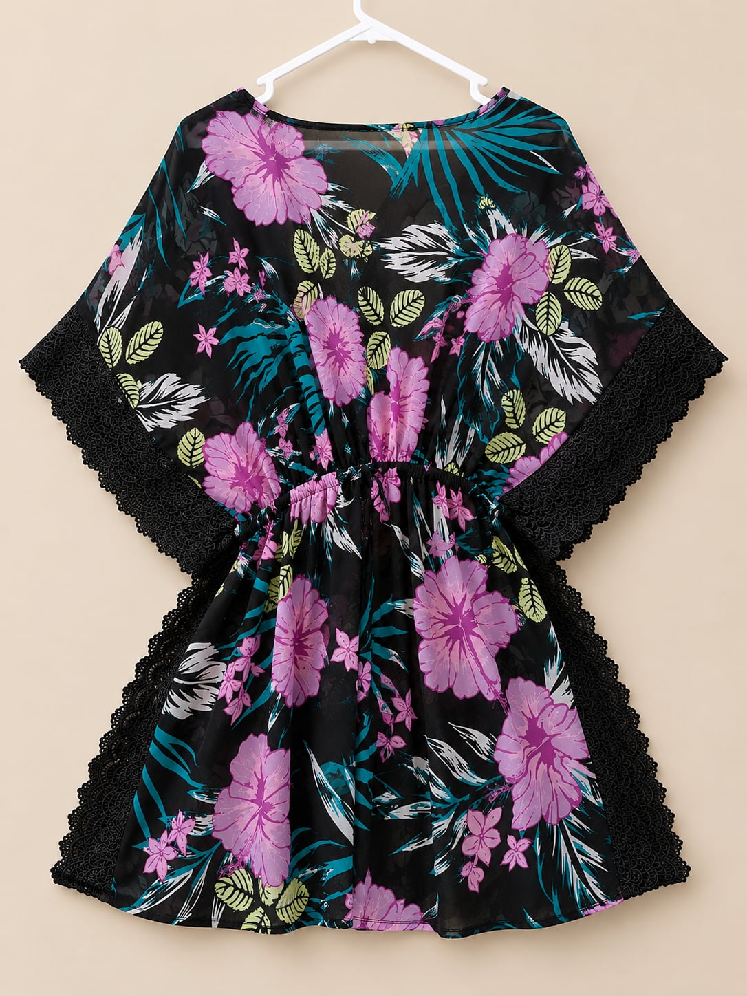 Miken Black Tropical Floral Lace Kimono Cardigan Cover Up Medium Sheer Boho
4