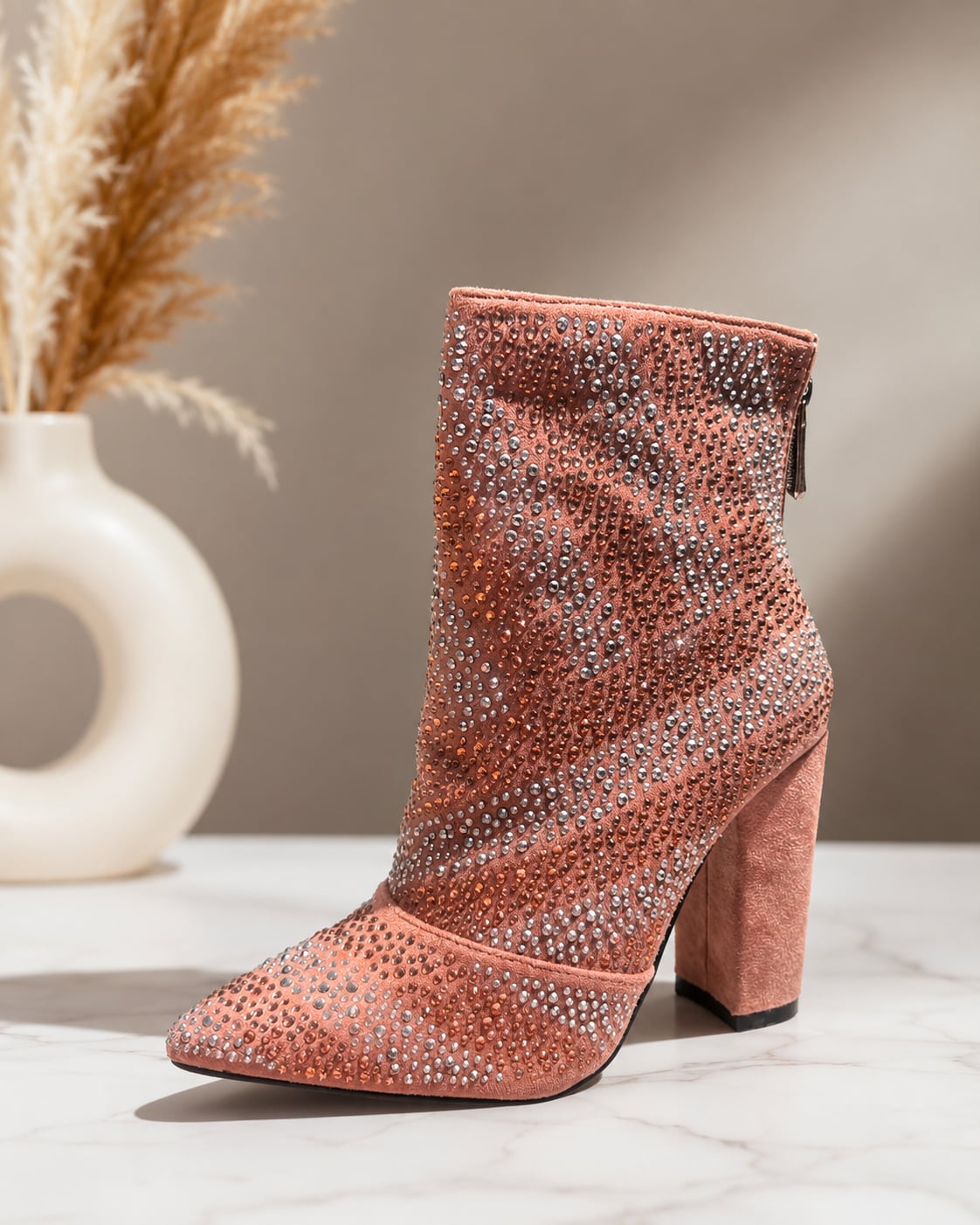Cape Robbin Mauve Rhinestone Embellished Pointed Toe Chunky Heel Ankle Boots 2