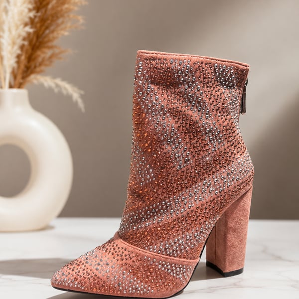Cape Robbin Mauve Rhinestone Embellished Pointed Toe Chunky Heel Ankle Boots