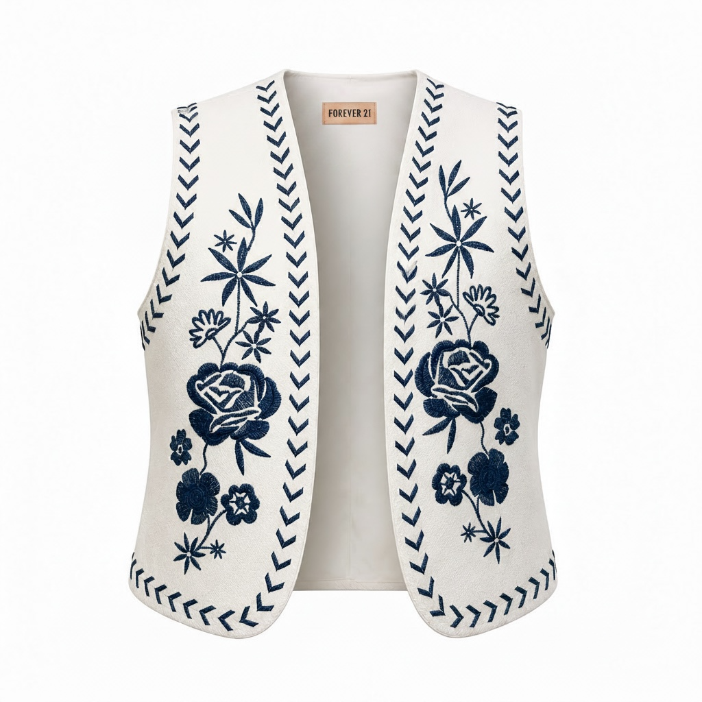 Forever 21 White and Blue Floral Embroidered Open Front Waistcoat 2