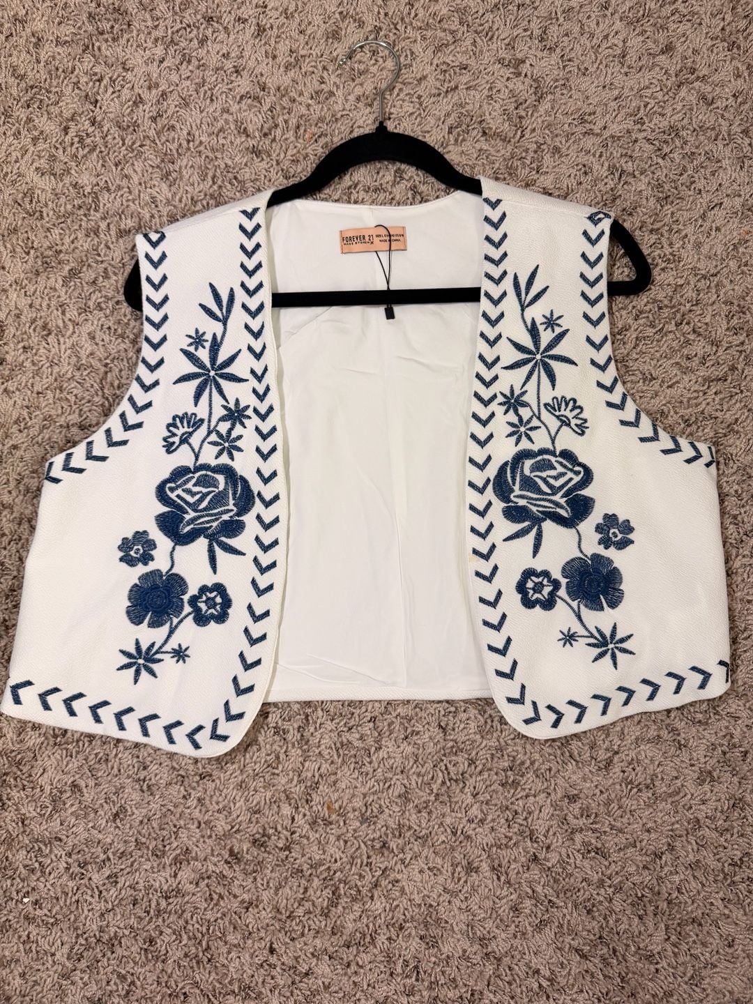 Forever 21 White and Blue Floral Embroidered Open Front Waistcoat 5