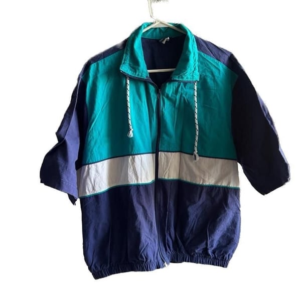 Vintage Sea Island Full Zip Colorblock Windbreaker Jacket Navy Teal White