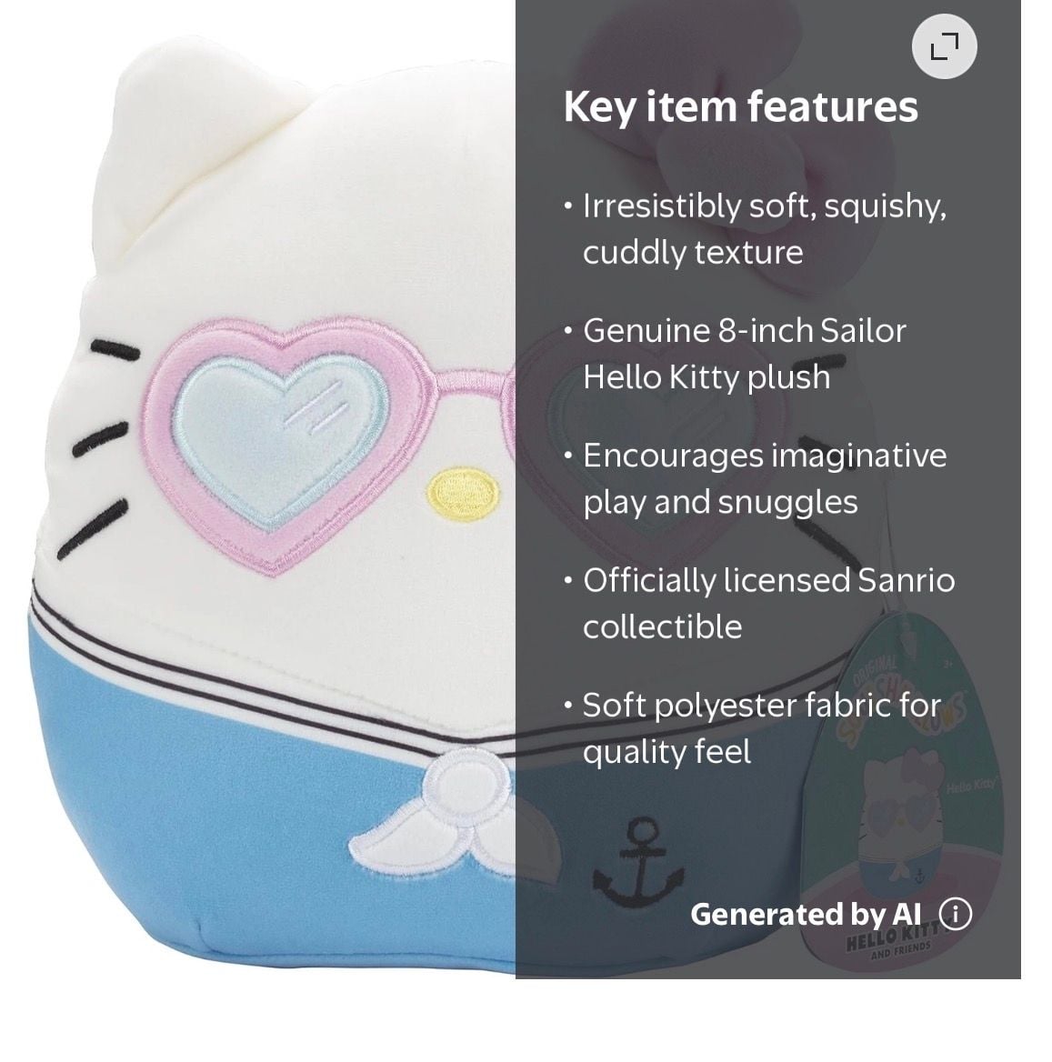 Squishmallows 8-Inch Sanrio Hello Kitty Sailor with Heart Glasses Plush 3