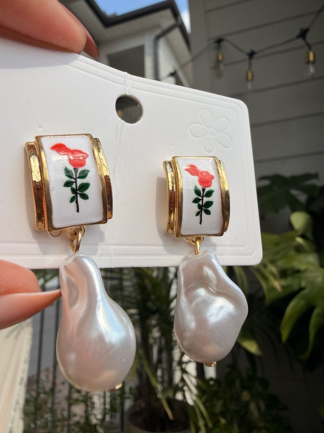 Vintage-Style Red Rose Enamel and Baroque Pearl Drop Earrings 2