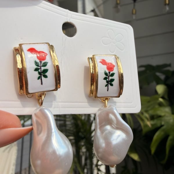Vintage-Style Red Rose Enamel and Baroque Pearl Drop Earrings