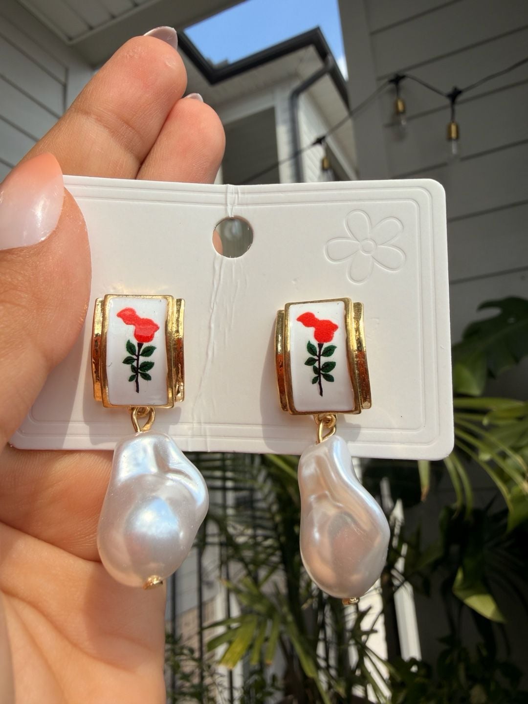 Vintage-Style Red Rose Enamel and Baroque Pearl Drop Earrings 3