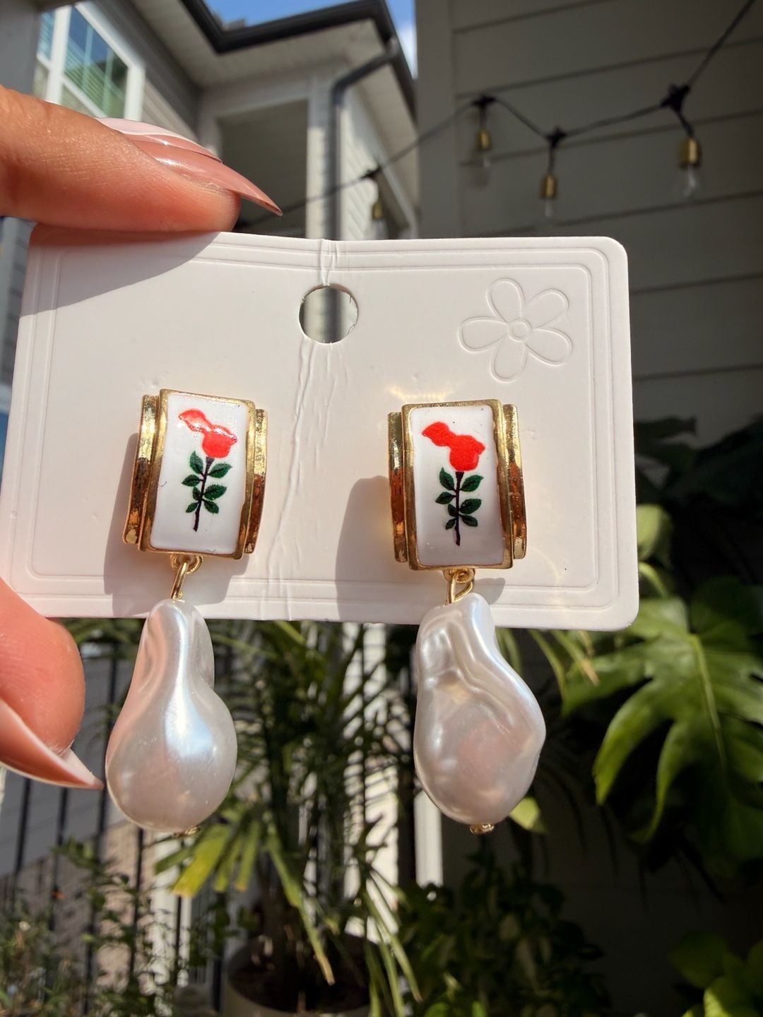Vintage-Style Red Rose Enamel and Baroque Pearl Drop Earrings 4