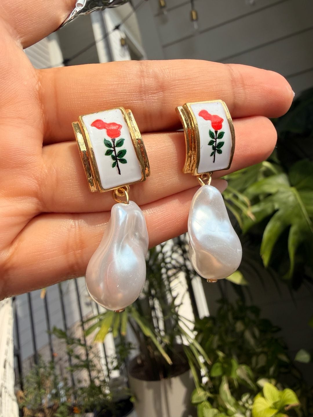 Vintage-Style Red Rose Enamel and Baroque Pearl Drop Earrings 5